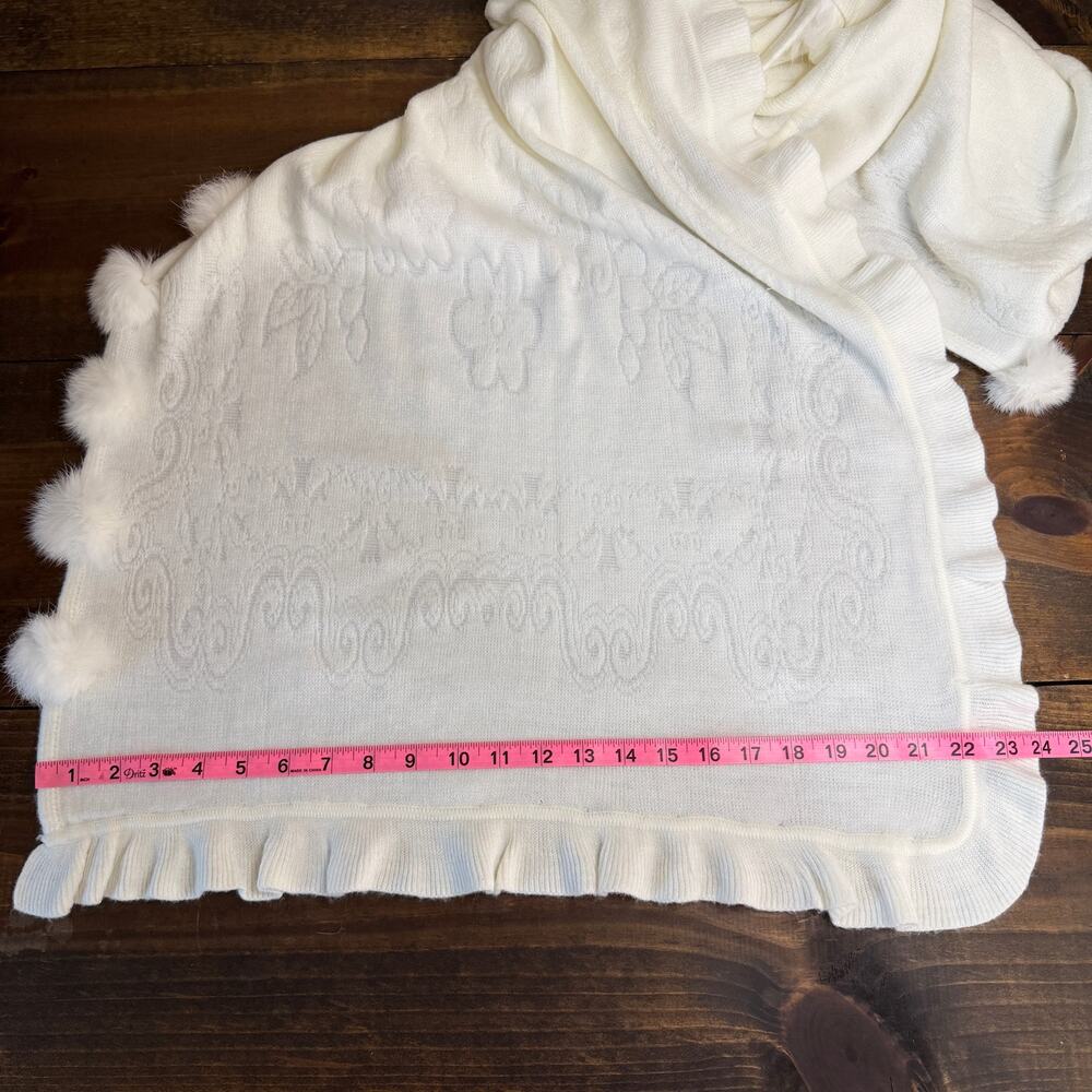La Fiorentina White Knit Shawl Wrap Rabbit Fur Pom Pom Trimmed Long Scarf Angora - Picture 9 of 13